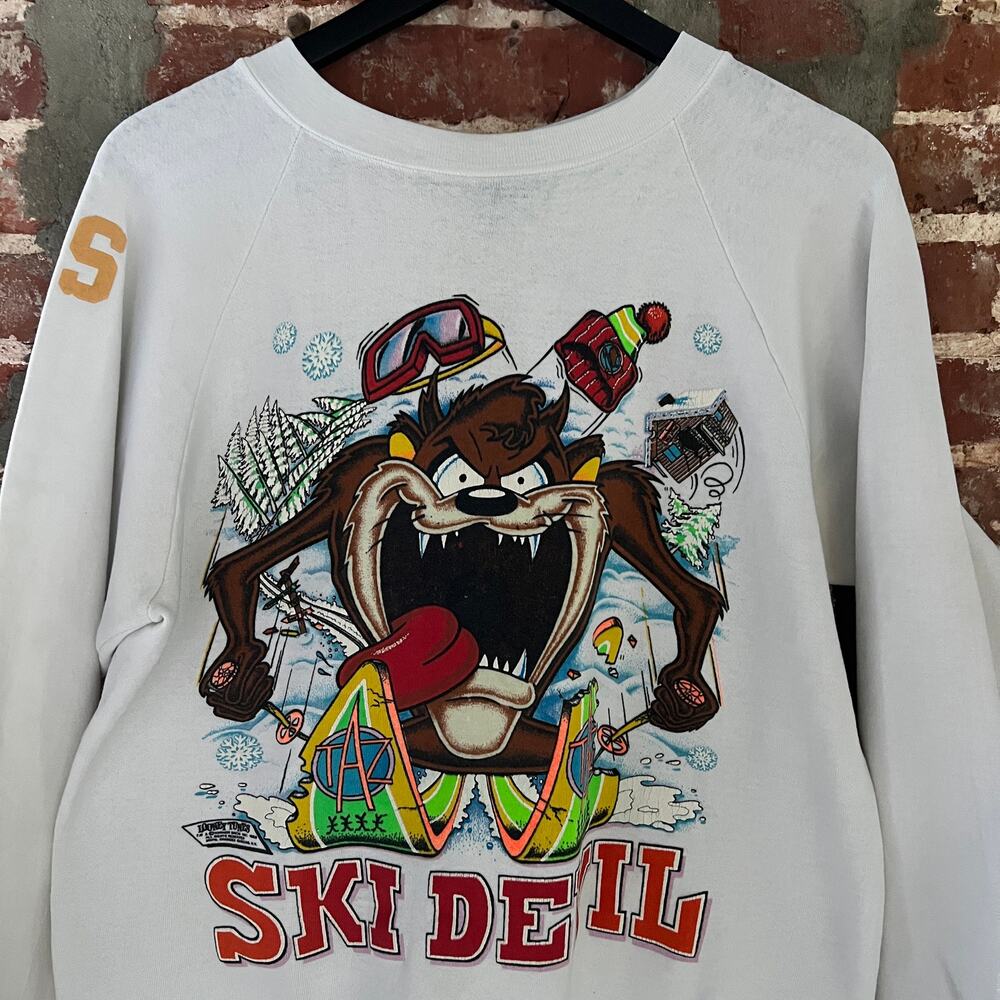 VTG Taz Ski Devil White Crewneck Sweatshirt M 20.5x26